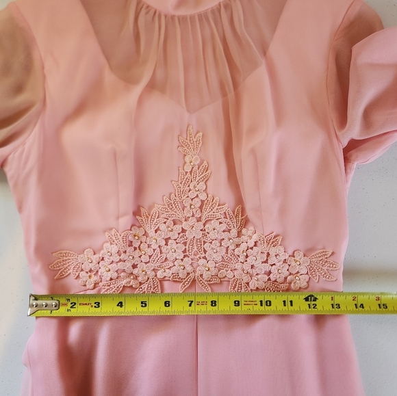 Vintage Pink Floral Mod Party Dress Taffeta Formal Gown High Neck 60s Small - Picture 13 of 14